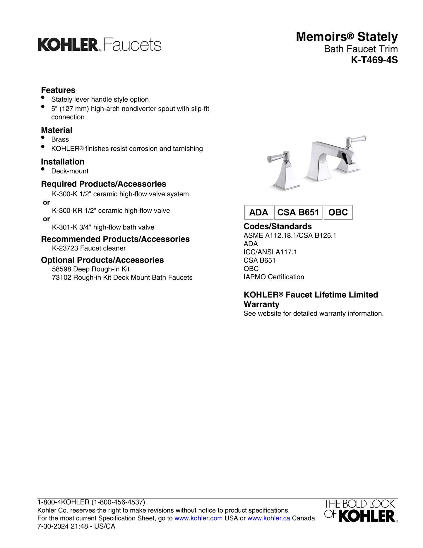 KOHLER Memoirs Stately Deck-Mount Faucet TRIM ONLY, T-469-4S-BN