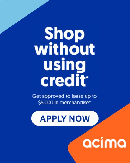 Acima advertisement encouraging shopping without using credit, with a blue and orange design.