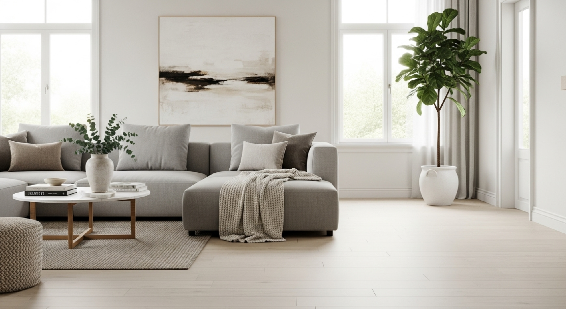 Modern living room with a gray sectional sofa, coffee table, and decorative elements.