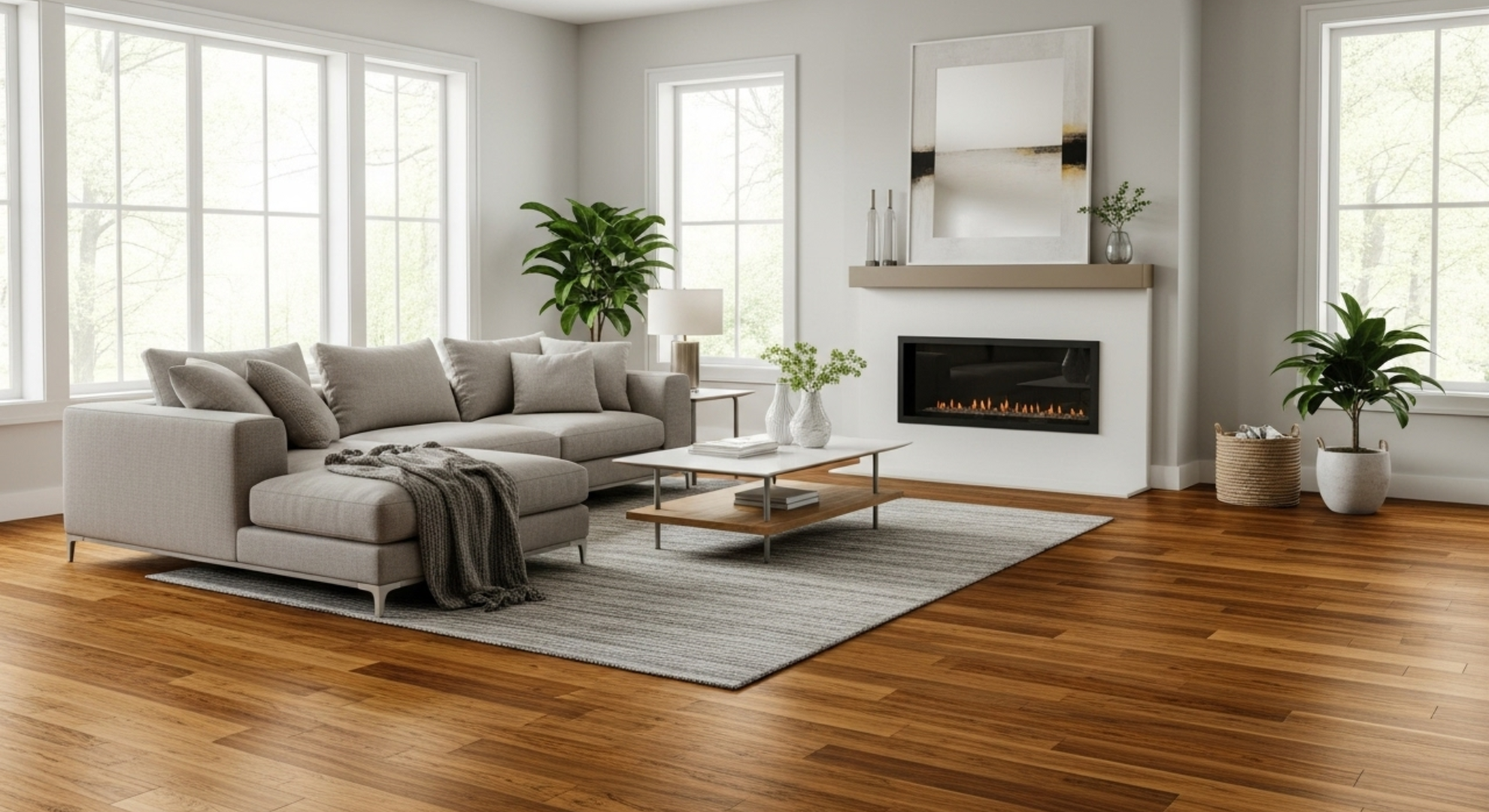 Modern living room with a sectional sofa, coffee table, and fireplace.