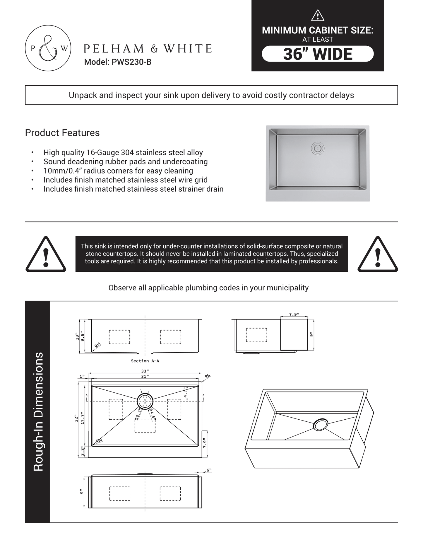 Pelham & White Bryn 33" Stainless Steel Apron Sink with Bottom Grid and Drain, PWS230, FINAL PRICE: $179.99 + Tax
