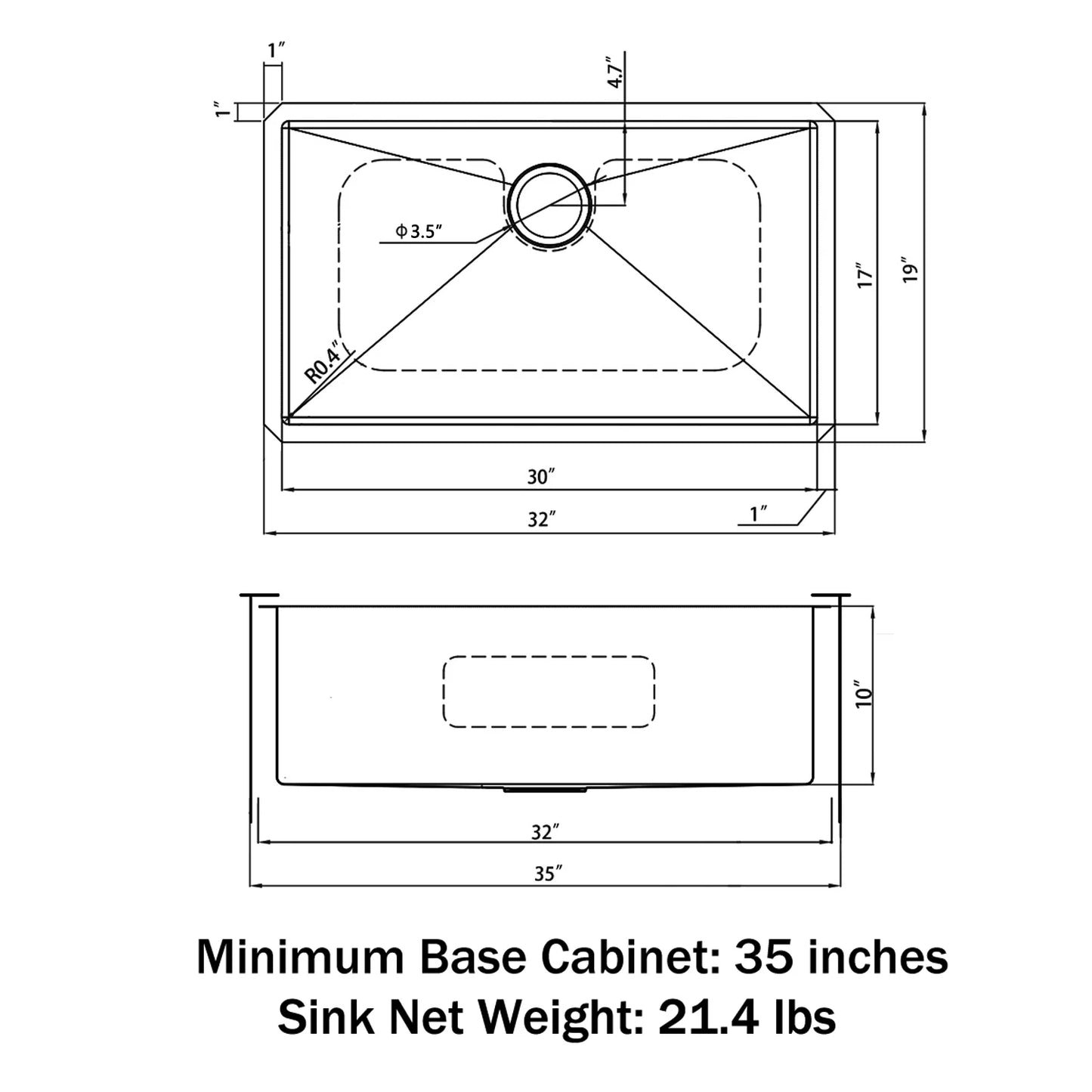 Duko Sink 32-IN Undermount Single Bowl (Sink Only) 16 Gauge, HU3219S-S-16