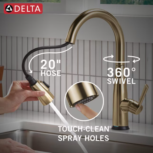 Delta Essa Champagne Bronze Single Handle Deck-mount Touchless Pull-down Kitchen Faucet with Sprayer (Includes Deck Plate)