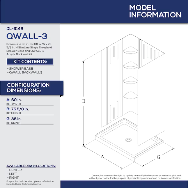 DreamLine QWALL-3 2-Piece 36-in W x 60-in L x 76-in H Rectangular Alcove Shower Kit (Right Drain) with Base and Wall Included Hardware Included, DL-6148R-01, 544957