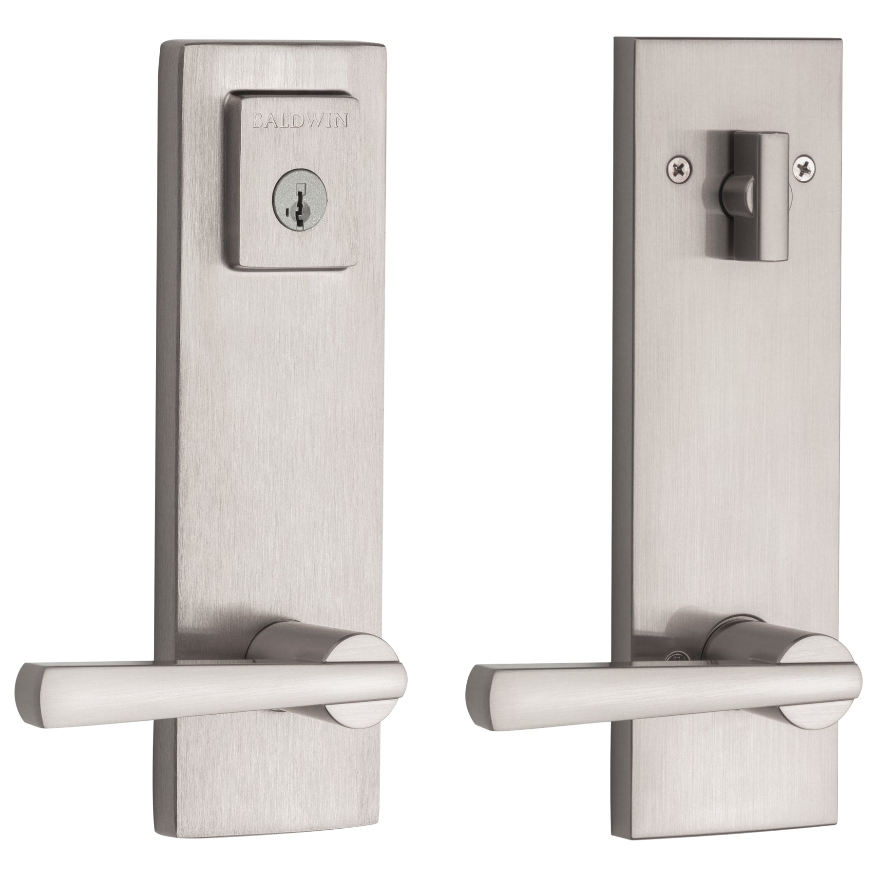 Baldwin Prestige Series Torrey Pines Satin Nickel Exterior Single-Cylinder Deadbolt and Keyed Entry Door Handleset ft. SmartKey Security
