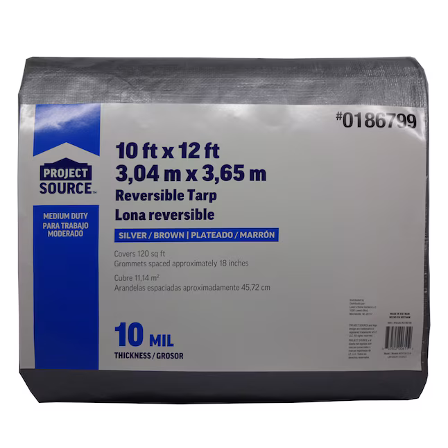 Project Source 10-ft x 12-ft Silver Waterproof Standard Polyethylene 10-mil Tarp, CH10X12-H #0186799, MSRP: $29.98, Final Price: $19.99 + Tax