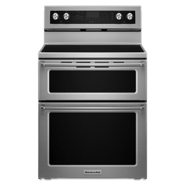 KitchenAid 30-in Glass Top 5 Burners 4.2-cu ft / 2.5-cu ft Convection Oven Freestanding Double Oven Electric Range (Stainless Steel), KFED500ESS/06 *JR2509, Retail: $2,499.00, FINAL PRICE: $1,349.99 + TAX