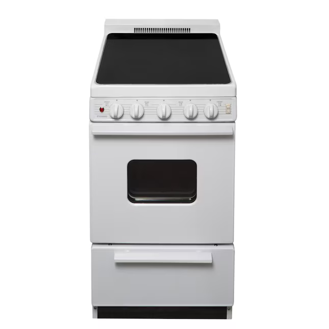 Premier 20-in Glass Top 4 burners 2.4-cu ft Freestanding Electric Range with WipeClean Coating (White on White), EAS2X0OP/01 *JR2506, Retail: $955.00, FINAL PRICE: $599.99 + TAX