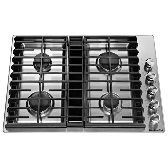 KitchenAid 30-in 4 burners Stainless Steel Gas Cooktop with Downdraft Exhaust, KCGD500GSS/05 *JR2505,  [FB224], Retail: $2,249.00, FINAL PRICE: $1,599.99 + TAX