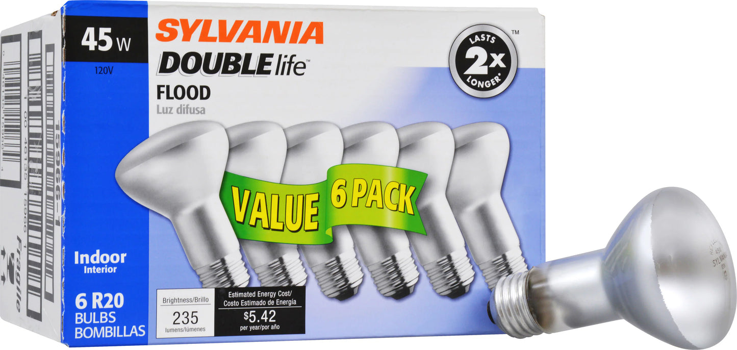 6- Sylvania Double Life 45 Watt R20 235 Lumens Light Bulb Track Flood Soft White Dimmable