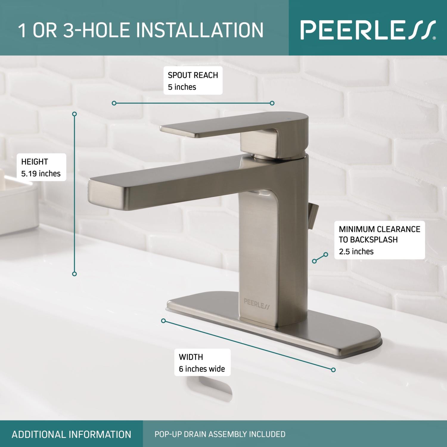 Peerless Xander Brushed Nickel 1-handle WaterSense Mid-arc Residential Handle Bathroom Sink Faucet with Drain with Deck Plate, P1519LF-BN-M