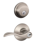 Schlage Accent Satin Nickel Exterior Single-Cylinder Deadbolt and Keyed Entry Door Handle Combo Pack, FB50N V ACC 619 *HD2509, Retail: $83.48, FINAL PRICE: $49.99 + TAX