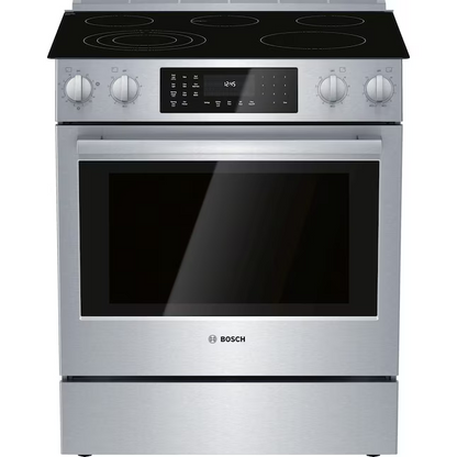 BOSCH Benchmark Series 30 in. 4.6 cu ft 5 Burner Slide-In Electric Range with Self Cleaning Convection Oven in Stainless Steel, [FB167]
