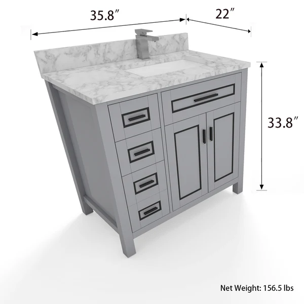 Venice 36-inch Vanity in Gray with Carrara White Marble Top, VV236G-TV236S, Retail: $1,399.95, CLEARANCE PRICE: $599.99 + TAX
