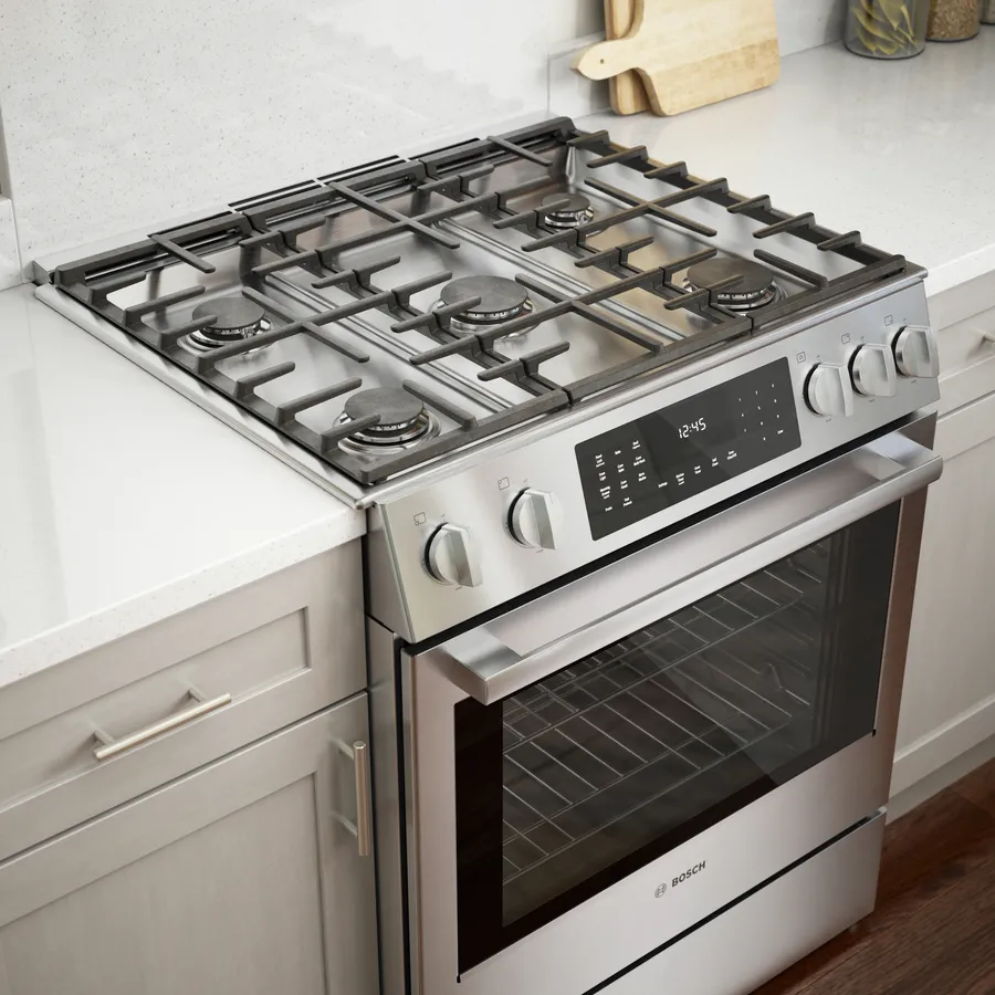 Bosch 800 Series 30-in Deep Recessed 5 burners Convection Oven Slide-In Dual Fuel Range (Stainless Steel), HDI8056U *JR2512, Retail: $3,299.00, FINAL PRICE: $1,599.99 + TAX