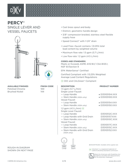 DXV PERCY Bathroom Faucet Single Control Stem Handle in Polished Chrome, D35105100.100 MSRP: $519.00, Final Price: $207.20 + Tax