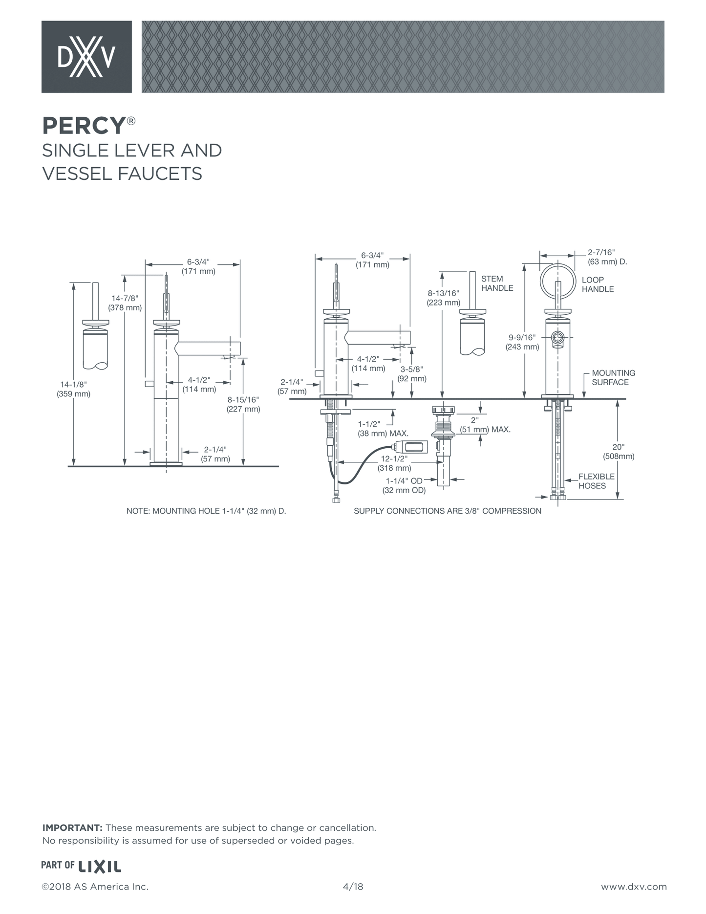 DXV PERCY Bathroom Faucet Single Control Stem Handle in Polished Chrome, D35105100.100 MSRP: $519.00, Final Price: $207.20 + Tax
