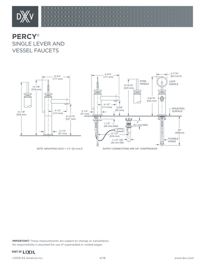 DXV PERCY Bathroom Faucet Single Control Stem Handle in Polished Chrome, D35105100.100 MSRP: $519.00, Final Price: $207.20 + Tax