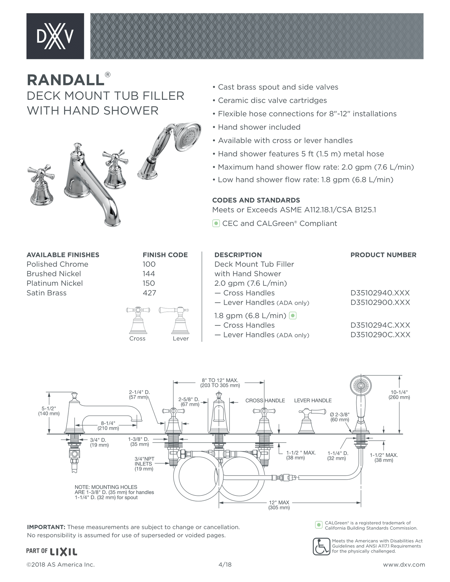 DXV Randall Deck Mount Bathtub Faucet With Hand Shower With Lever Handles in Polished Chrome, D35102900.100 MSRP: $1,047.00, Final Price: $355.60 + Tax