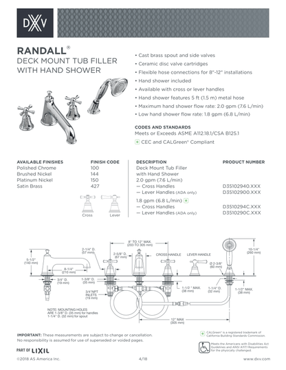 DXV Randall Deck Mount Bathtub Faucet With Hand Shower With Lever Handles in Polished Chrome, D35102900.100 MSRP: $1,047.00, Final Price: $355.60 + Tax