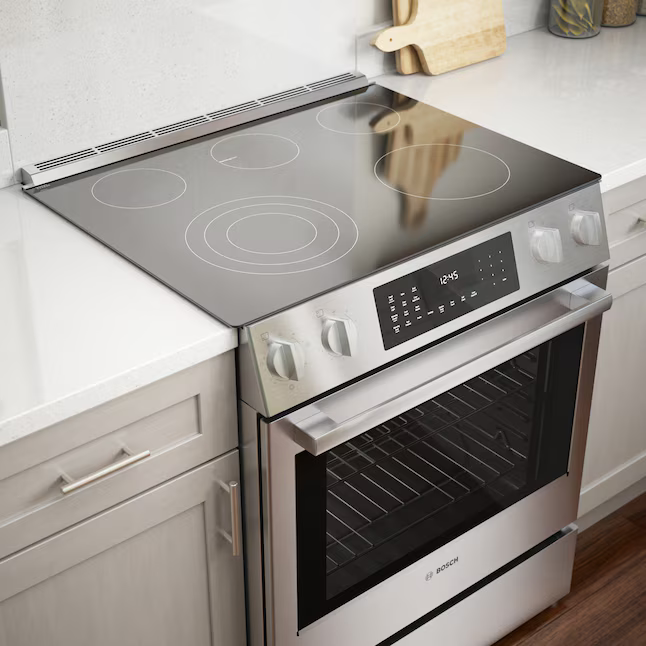 BOSCH Benchmark Series 30 in. 4.6 cu ft 5 Burner Slide-In Electric Range with Self Cleaning Convection Oven in Stainless Steel, [FB167]