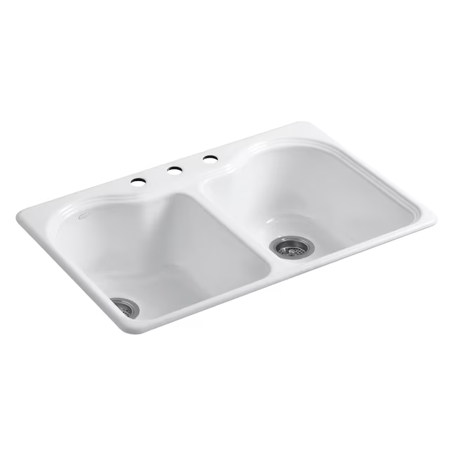 KOHLER Hartland Drop-In 33-in x 22-in White Cast Iron Double Equal Bowl 3-Hole Kitchen Sink, R5818-3-0 *JR2302, MSRP: $516.22, Final Price: $329.00 + Tax