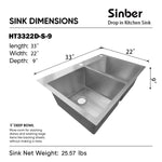 Duko Sink 33-IN Drop-In Double Bowl (Sink Only), HT3322D-S-9