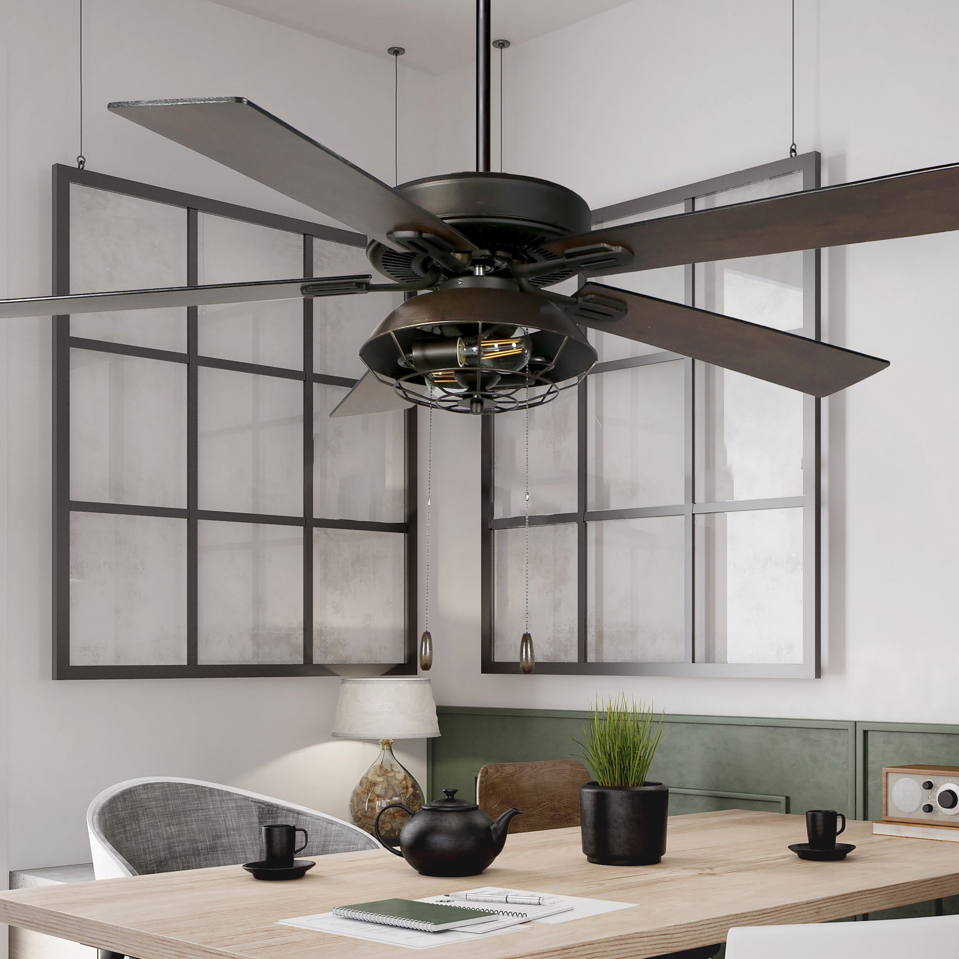 River of Goods 52-in Downrod or Flush Mount Bronze with Rich barnwood/light driftwood Blades Cage Ceiling Fan With Light 5 -Blade )