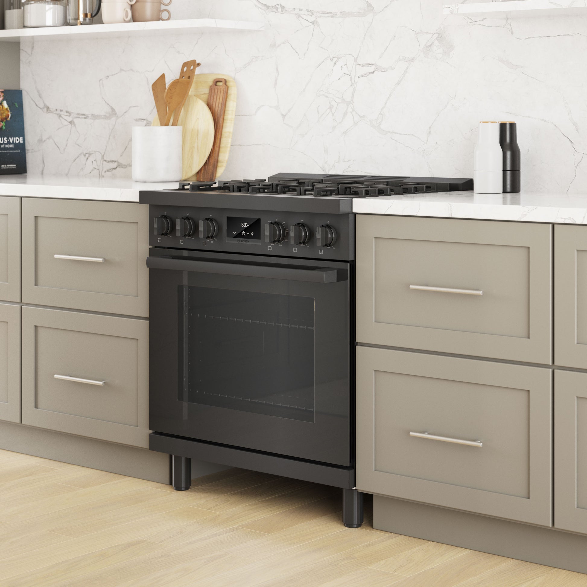 Bosch 800 Series Industrial Style 30-in Standard 5 burners Convection Oven Freestanding Dual Fuel Range (Black Stainless)