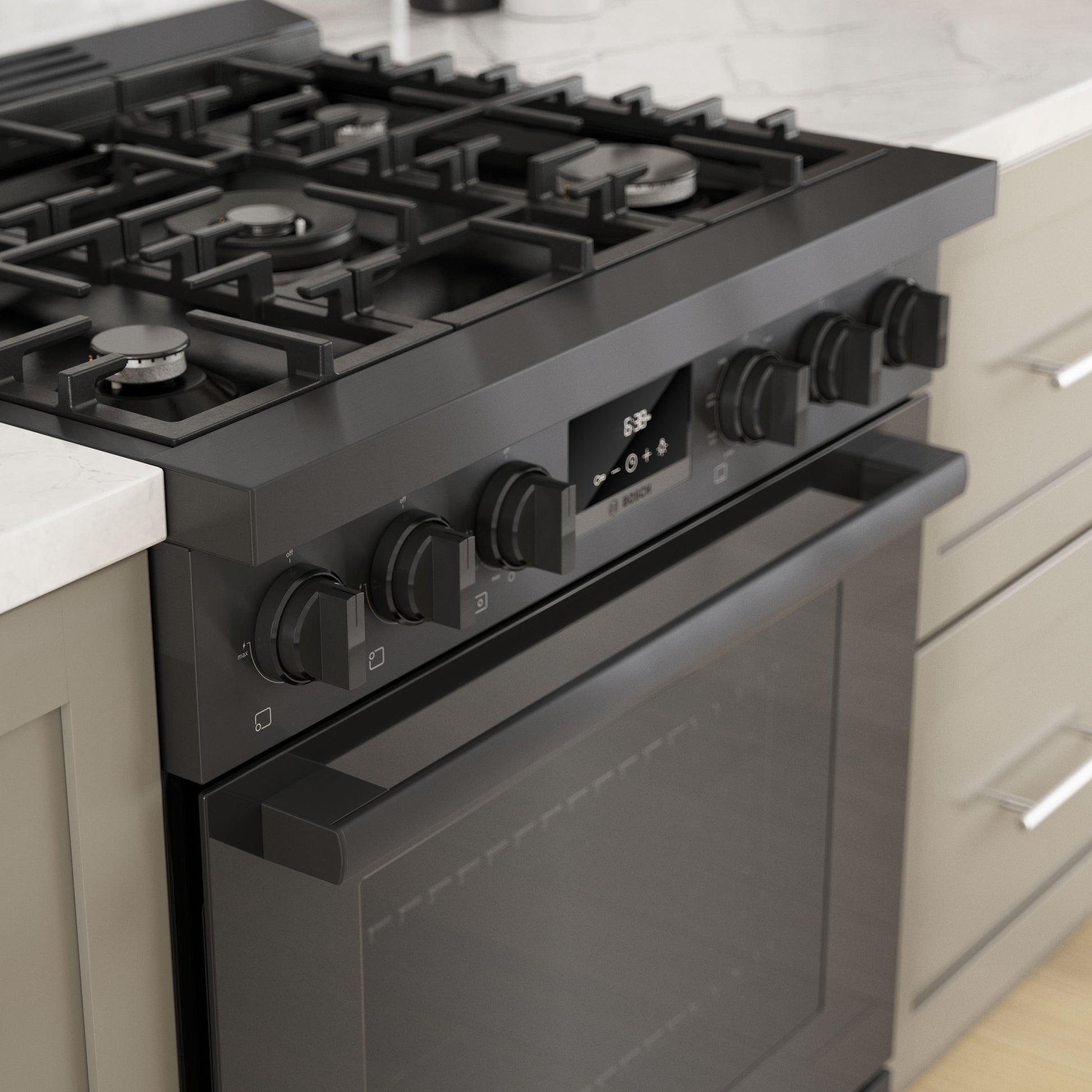 Bosch 800 Series Industrial Style 30-in Standard 5 burners Convection Oven Freestanding Dual Fuel Range (Black Stainless)