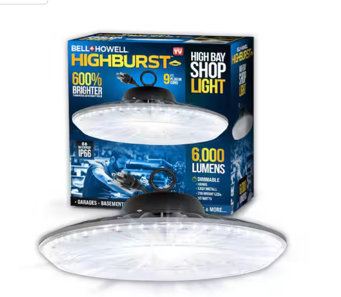 Bell + Howell Highburst 1 ft. 60-Watt Integrated LED Black 6,000 Lumens Dimmable High Bay Shop Light, RETAIL: $49.99, FINAL PRICE: $25.99 + TAX