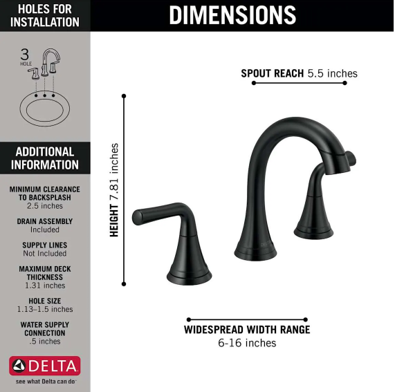 Delta Kayra Two Handle Widespread Pull-Down Bathroom Faucet in Matte Black, 3533LF-BLPDMPU