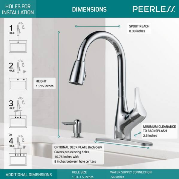Peerless Single Handle Pull-Down Kitchen Faucet in Chrome, P7901LF-SD-W, MSRP: $140.28, FINAL PRICE: $79.99 + TAX