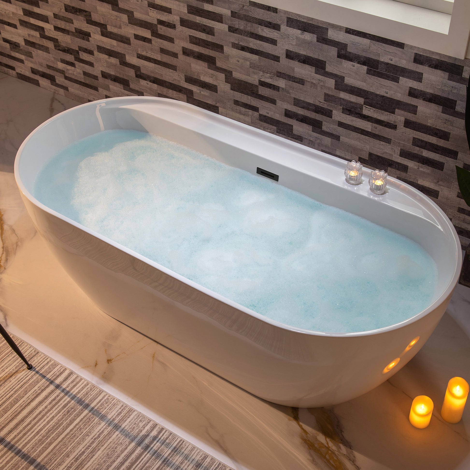 WOODBRIDGE 72" L x 35-3/8" W x 22-7/8" H Acrylic Freestanding Bathtub Contemporary Soaking White Tub with Matte Black Overflow and Drain, B0059-MB, MSRP: $1,368.00, Final Price: $699.99 + Tax