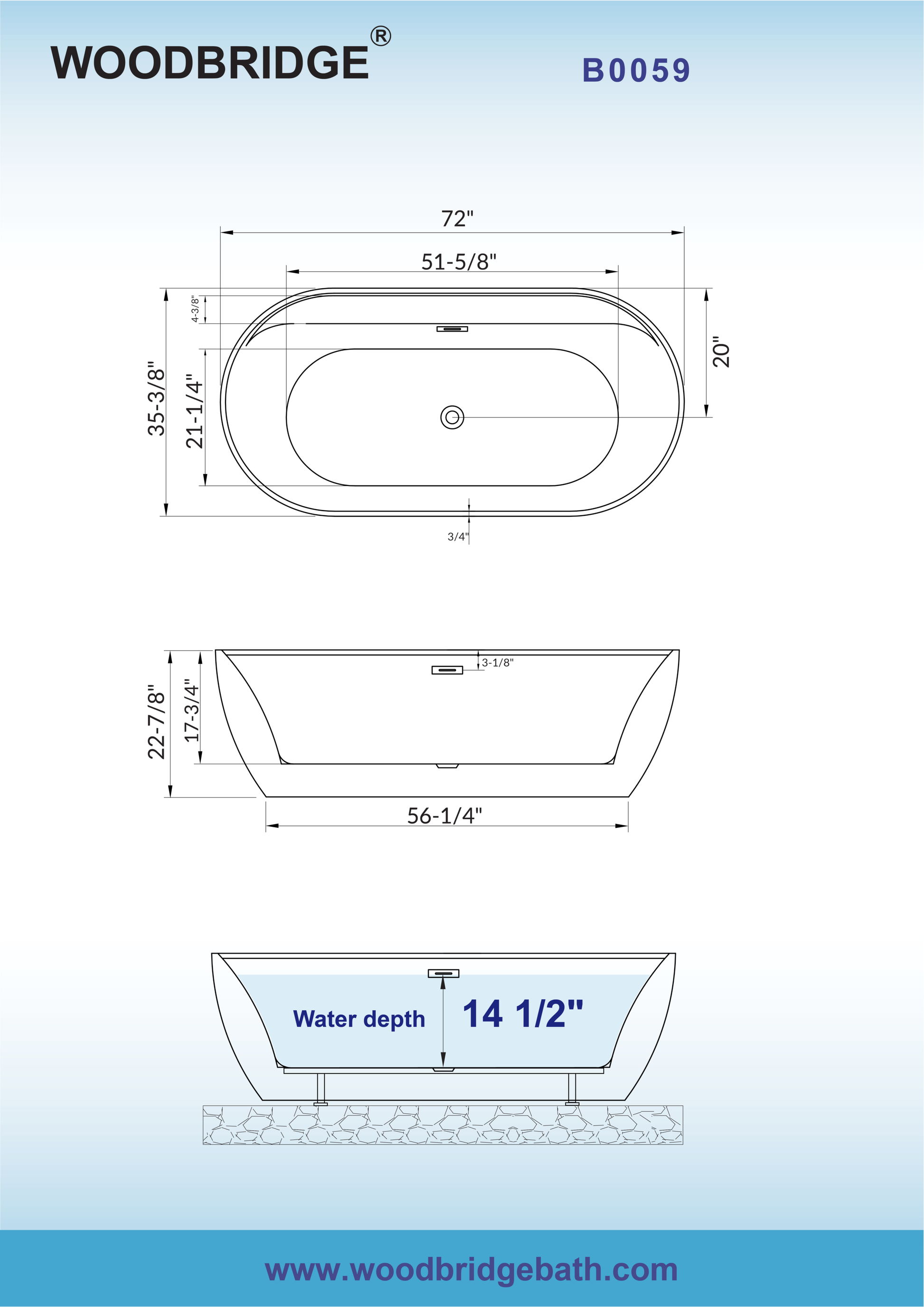 WOODBRIDGE 72" L x 35-3/8" W x 22-7/8" H Acrylic Freestanding Bathtub Contemporary Soaking White Tub with Matte Black Overflow and Drain, B0059-MB, MSRP: $1,368.00, Final Price: $699.99 + Tax