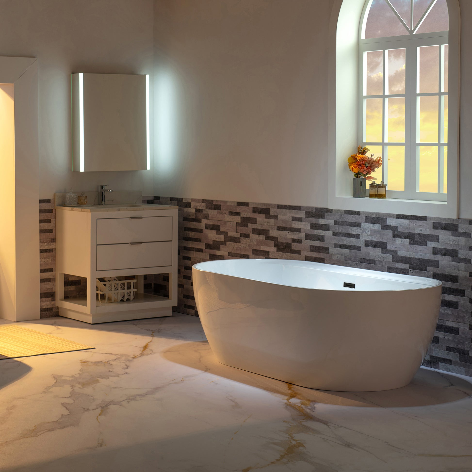 WOODBRIDGE 72" L x 35-3/8" W x 22-7/8" H Acrylic Freestanding Bathtub Contemporary Soaking White Tub with Matte Black Overflow and Drain, B0059-MB, MSRP: $1,368.00, Final Price: $699.99 + Tax