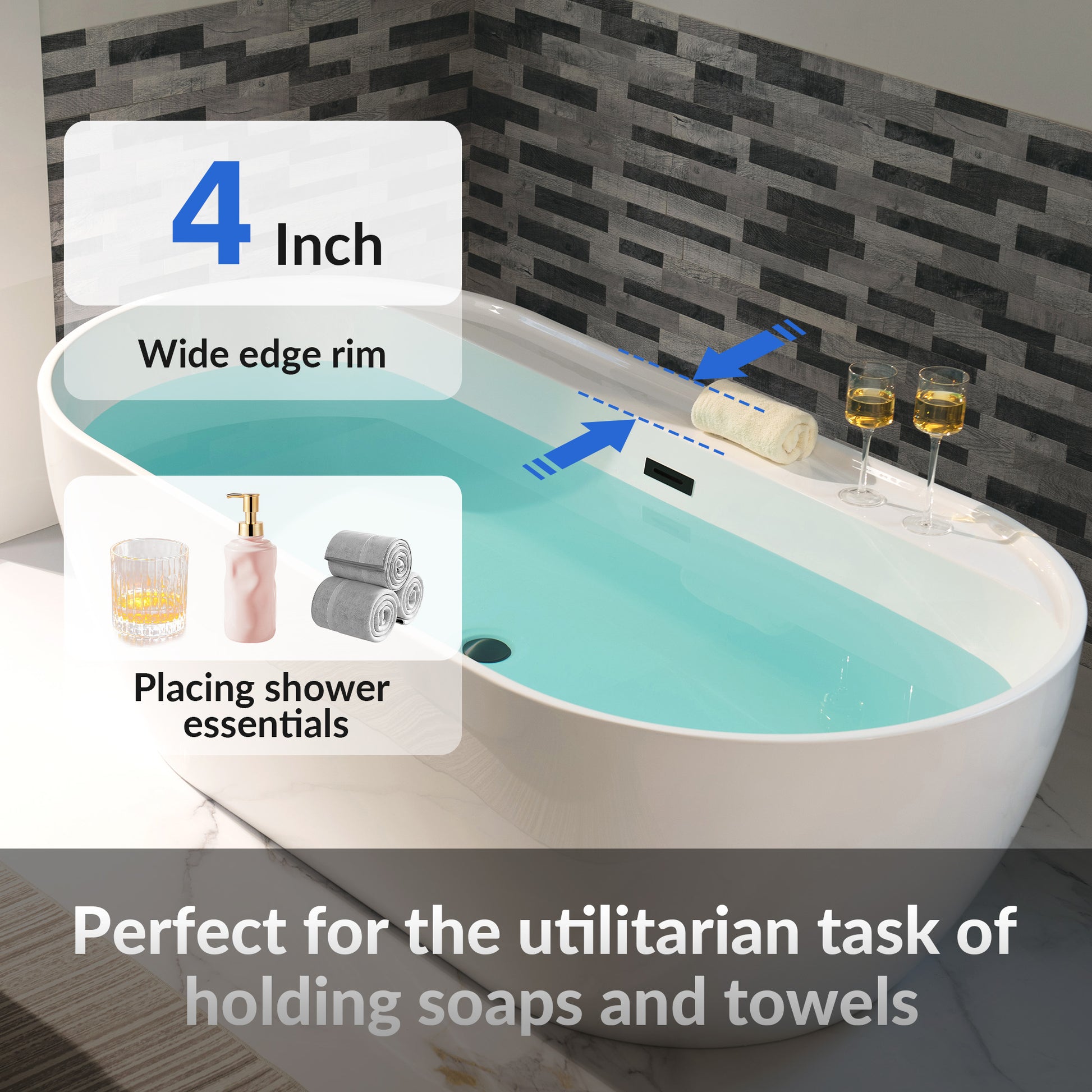 WOODBRIDGE 72" L x 35-3/8" W x 22-7/8" H Acrylic Freestanding Bathtub Contemporary Soaking White Tub with Matte Black Overflow and Drain, B0059-MB, MSRP: $1,368.00, Final Price: $699.99 + Tax