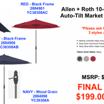 allen + roth 10-ft Commercial Auto-tilt Market Patio Umbrella,  MSRP: $448.00 SPECIAL! [FB013]