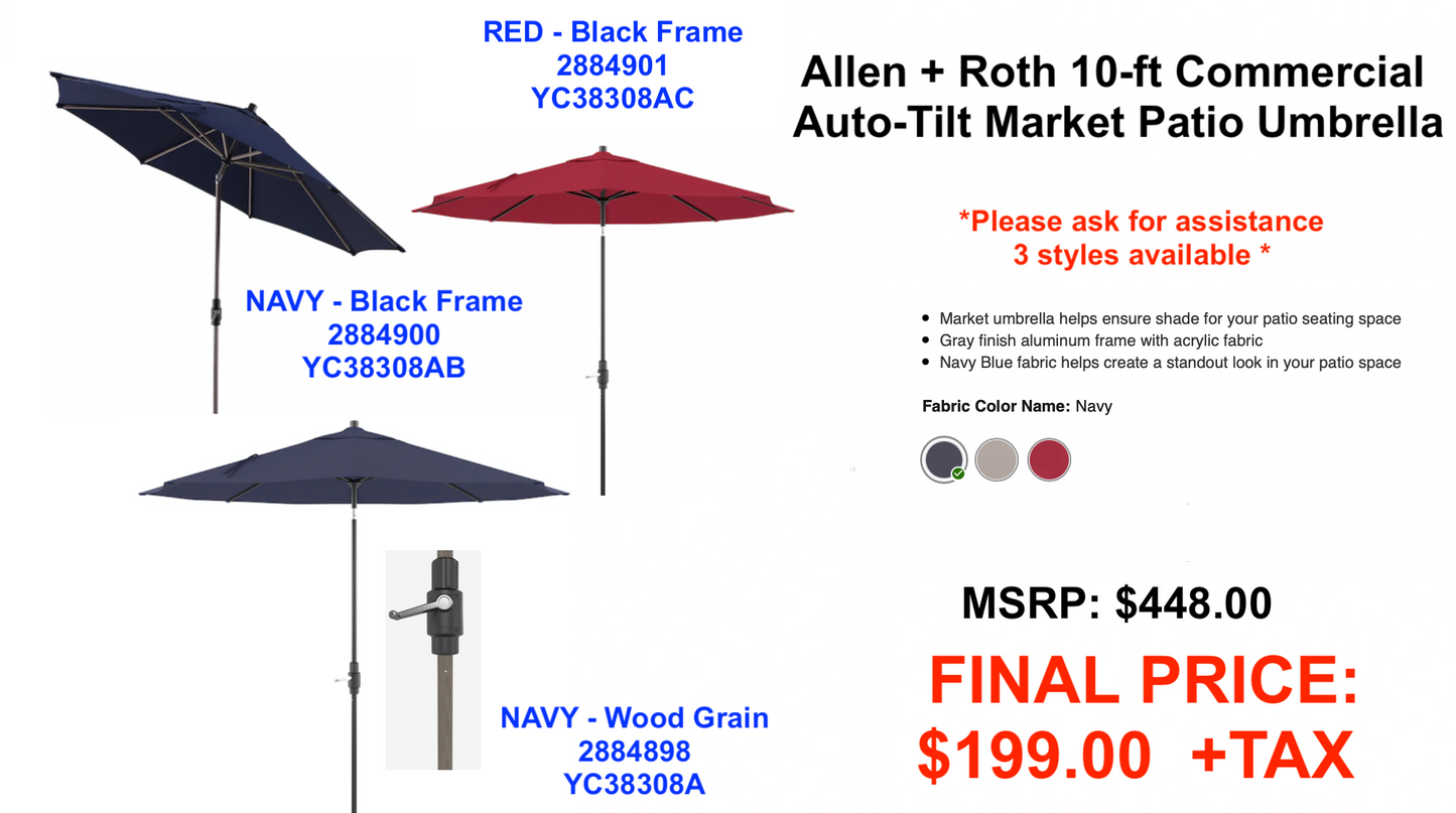 allen + roth 10-ft Commercial Auto-tilt Market Patio Umbrella,  MSRP: $448.00 SPECIAL! [FB013]