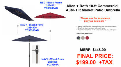 allen + roth 10-ft Commercial Auto-tilt Market Patio Umbrella,  MSRP: $448.00 SPECIAL! [FB013]