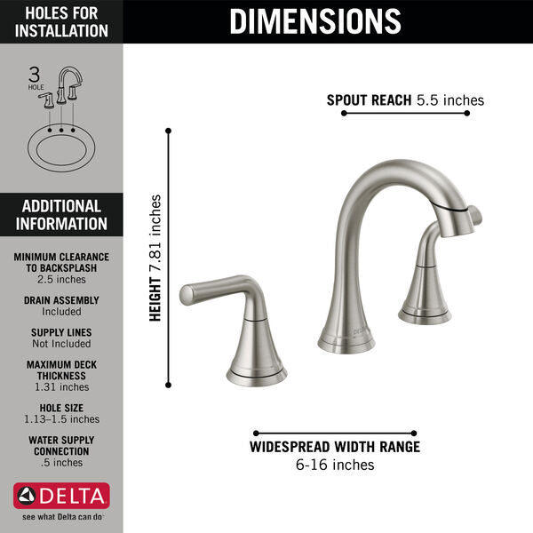 Delta Kayra Two Handle Widespread Pull-Down Bathroom Faucet in Stainless Steel, 3533LF-SSPDMPU