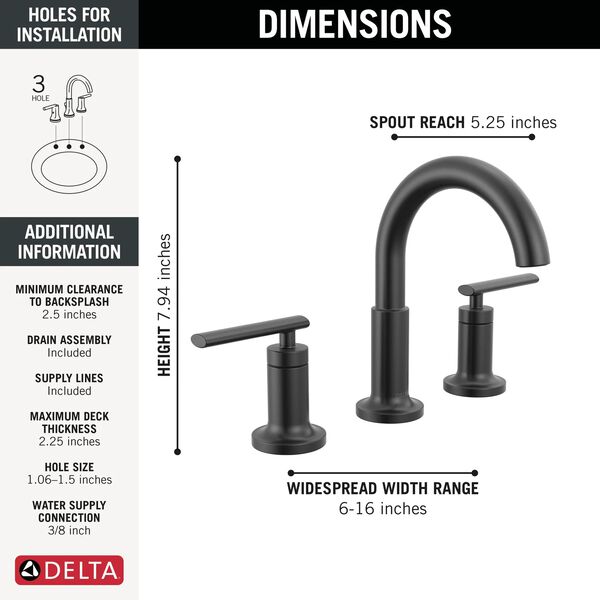 Delta Altado Two Handle Widespread Bathroom Faucet in Matte Black, 35442-CZMPU-DST