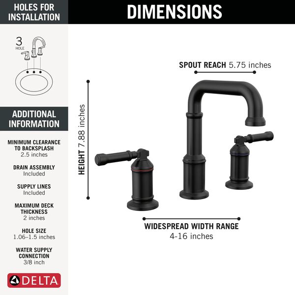 Delta Broderick Two Handle Widespread Bathroom Faucet in Matte Black, 3584-BL-DST
