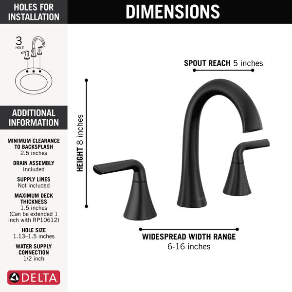 Delta Eldren Two Handle Widespread Bathroom Faucet in Matte Black, 35847LF-BL