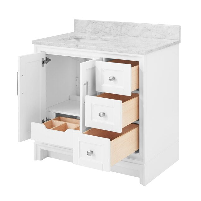 Ellen DeGeneres Anaheim 36-in White Undermount Single Sink Bathroom Vanity with Carrara Natural Marble Top, 1580VA-36-201-900-UM, [FB254], FINAL PRICE: $549.99 + Tax