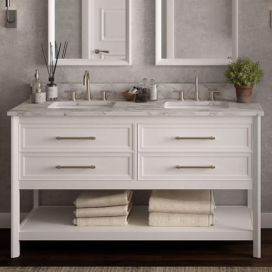 Ellen DeGeneres Riven 60-in White Undermount Double Sink Bathroom Vanity with Carrara Natural Marble Top, 1480VA-60-201-925-UM, FINAL PRICE: $899.99 + Tax