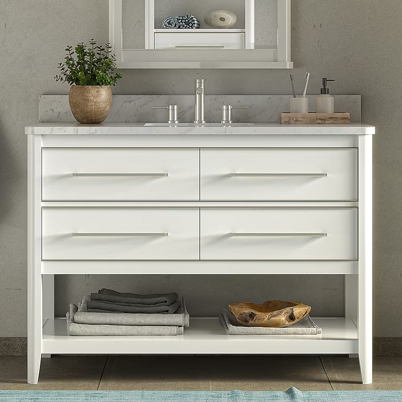Ellen DeGeneres Lynnmere 48-in White Undermount Single Sink Bathroom Vanity with Natural Carrara Marble Top, 1549VA-48-201-900-UM, FINAL PRICE: $699.99 + Tax
