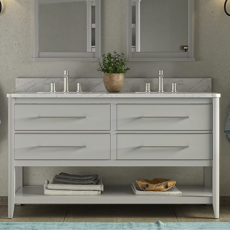 Ellen DeGeneres Lynnmere 60-in Light Gray Undermount Double Sink Bathroom Vanity with Carrara Natural Marble Top, 1549VA-60-242-900-UM, [FB271], FINAL PRICE: $929.99 + Tax