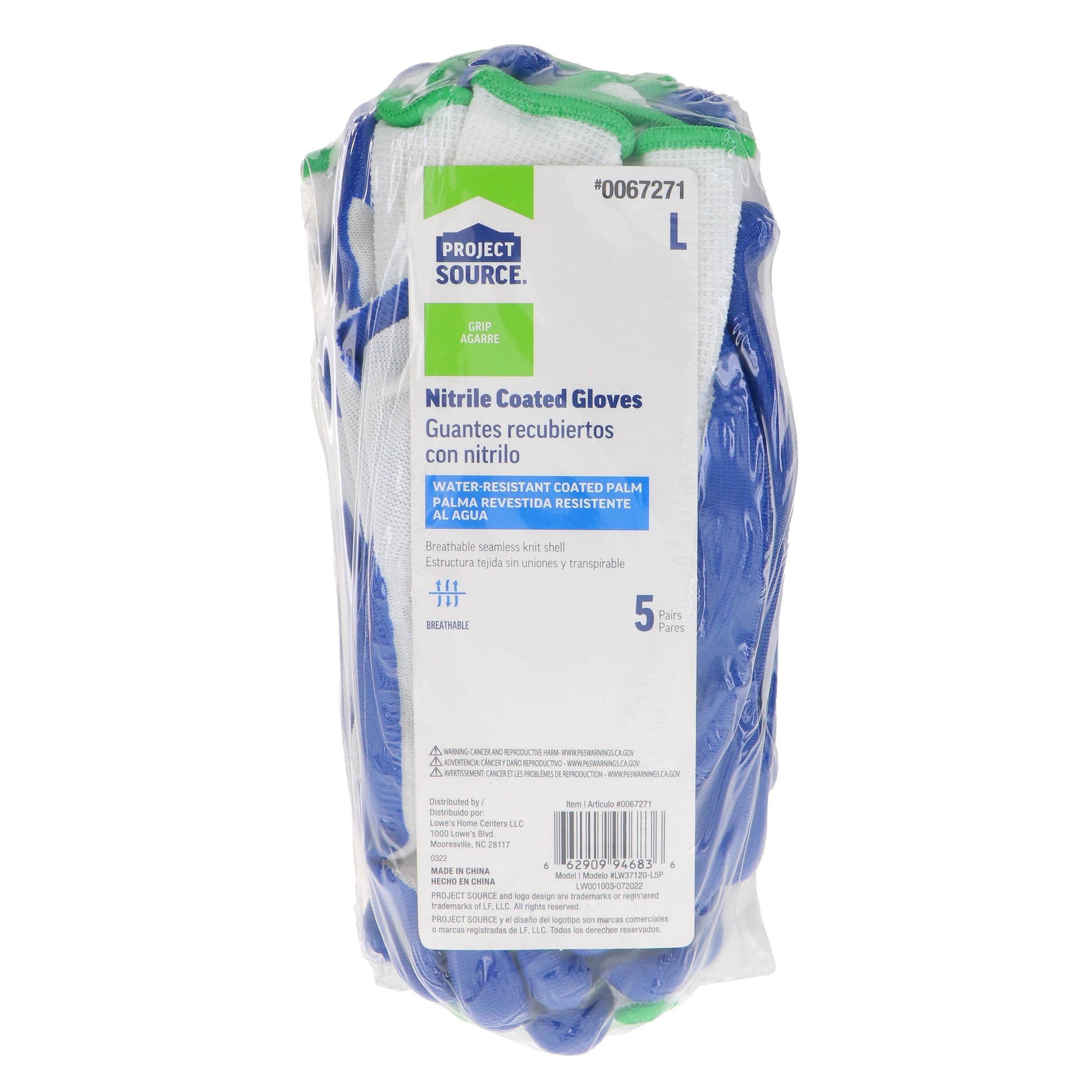Large Blue Nitrile dipped Rubber Construction Gloves 5 -Pairs