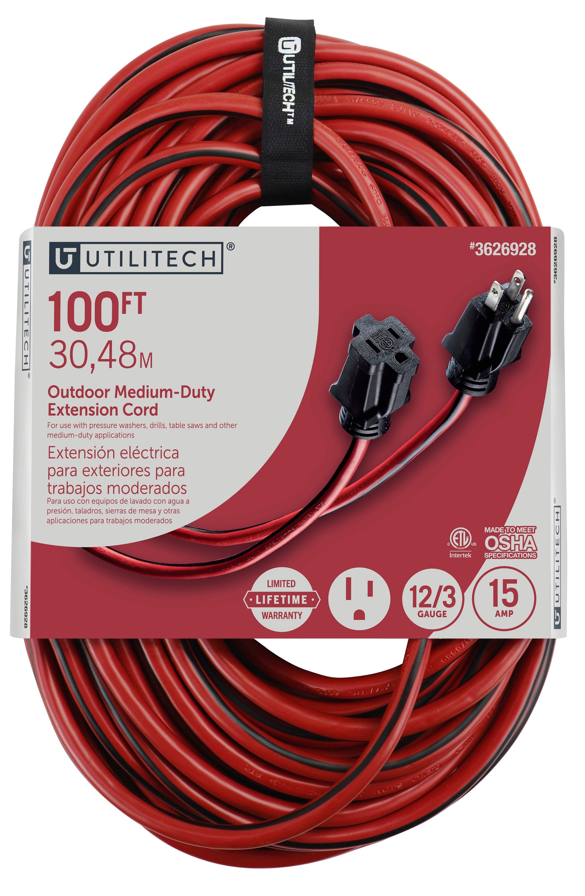 Utilitech 100-ft 12 / 3 Medium Duty 3 Prong Red and black Indoor/Outdoor Extension Power Cord